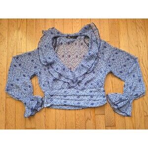 Zara Blue Cropped Long Sleeve Blue Sheer V Neck Blouse Size Small
